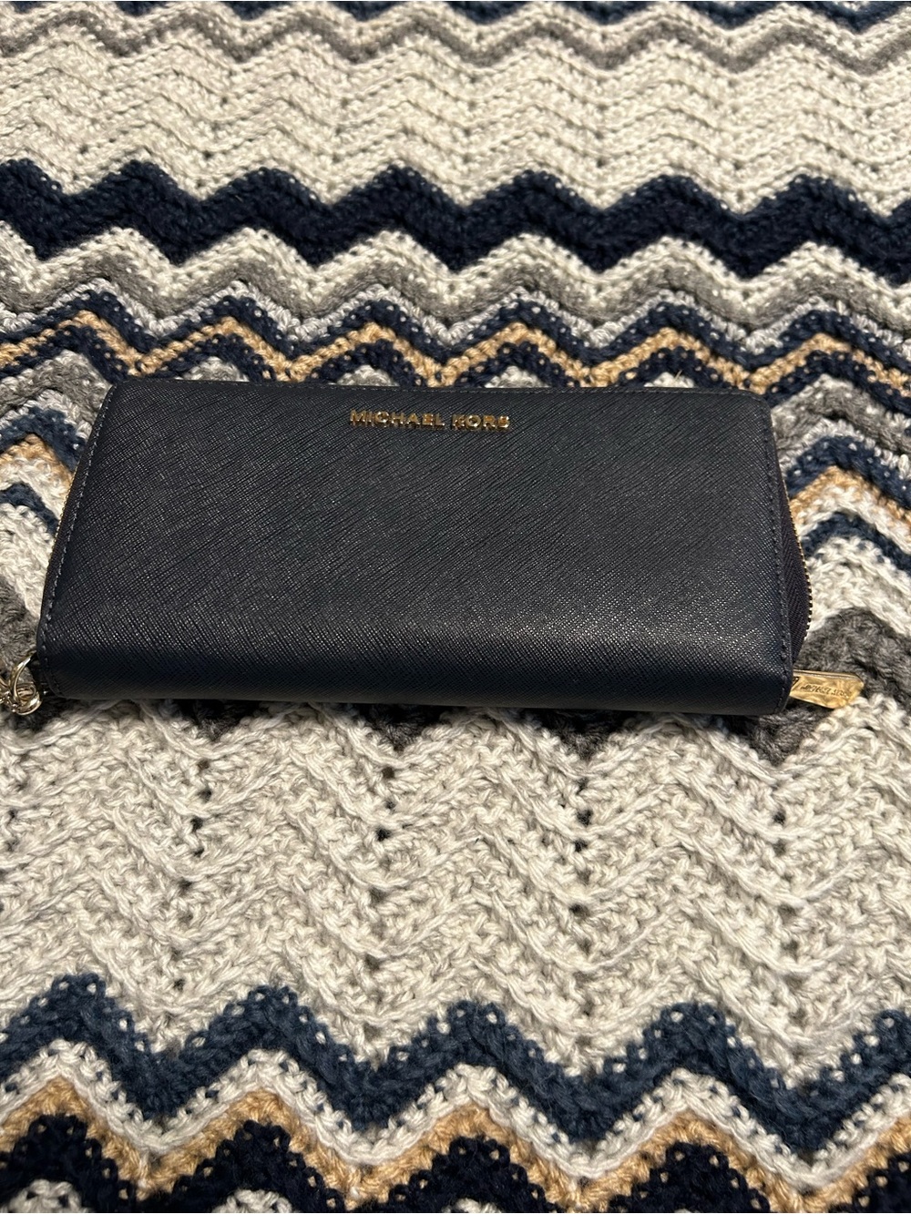 Michael Kors Navy Saffiano Zip Wallet with Gold Hardware